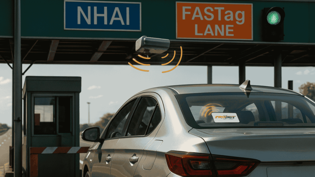 car using fastag annual pass at Indian toll plaza