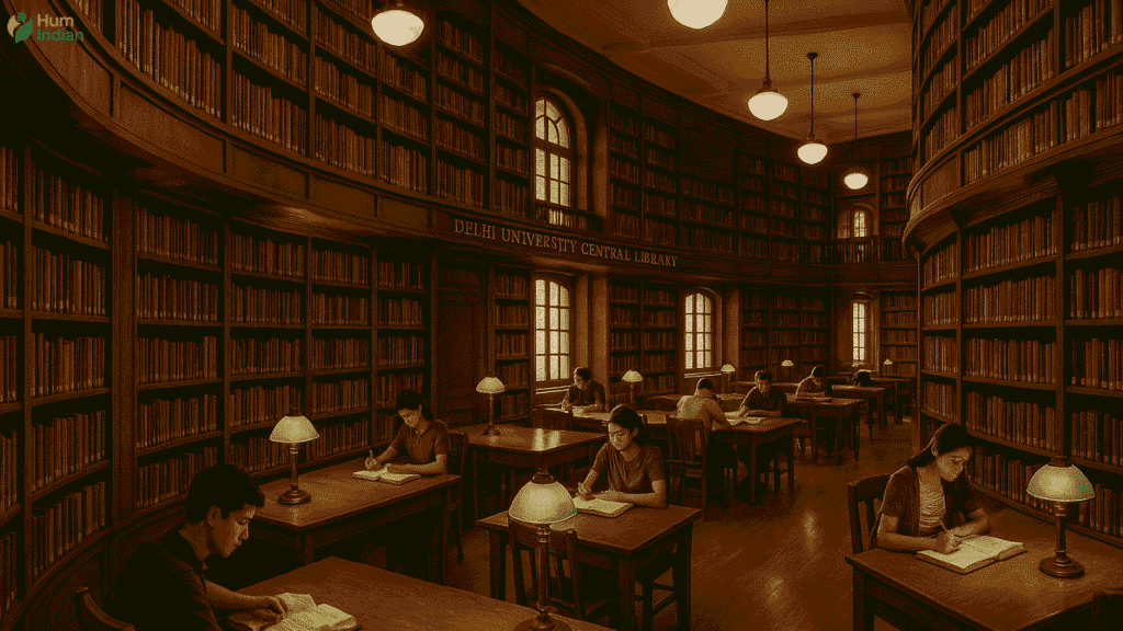Students studying in Delhi University Central Library reading hall